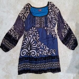 Hale Bob Elegant Teal and Black Women's Silk Boho Tunic Dress Top Sz S